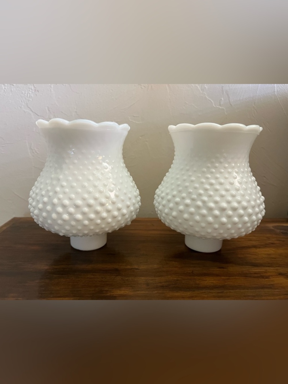 Set of 2 Vintage White Hobnail Milk Glass Shades Scalloped Edges Hurricane Lamp